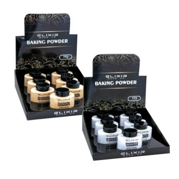 Dos expositores negros mostrador con frascos pequeños de Baking Powder en tonos beige y blanco con tapas negras y decoración floral, presentados de forma ordenada para venta profesional.