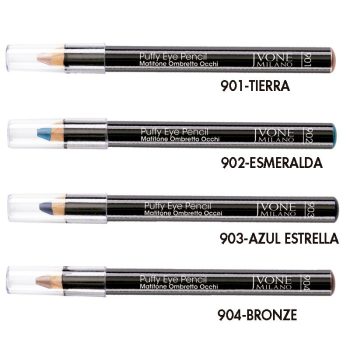 Cuatro lápices de ojos Ivone Milano con cuerpo negro y tapas transparentes alineados verticalmente en tonos tierra, esmeralda, azul y bronce, ideales para maquillaje de alta calidad.
