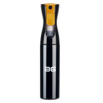 Botella pulverizadora negra y brillante con cabezal ergonómico amarillo y boquilla de niebla fina, diseñada para uso en peluquería.