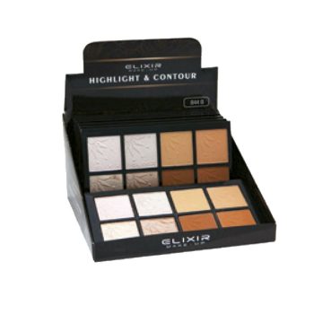 Paleta exhibidor de maquillaje para highlight y contour con varios compartimentos de polvo en tonos claros y cálidos dentro de un estuche negro de presentación profesional, ideal para crear luces y sombras y que transmite 'alta calidad'.