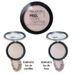 Polvo iluminador profesional en tres estuches redondos — uno cerrado con tapa negra y dos abiertos que muestran acabados perlados y muescas del producto en los tonos Luz de estrellas y Luz de luna — ideal para maquillaje y peluquería, comprobado.
