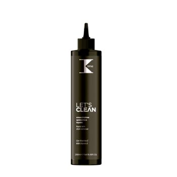 Botella negra alargada con dosificador en pico y etiqueta LET'S CLEAN de 250 ml, limpiador líquido para piel con vitamina E que ofrece un acabado limpio y profesional.