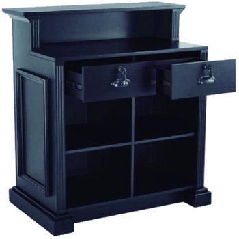 Mueble aparador negro de madera con dos cajones frontales abiertos, cuatro compartimentos inferiores y detalles moldurados, diseño elegante de alta calidad ideal para tienda o uso doméstico.