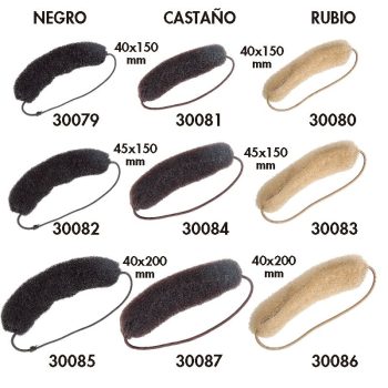 Conjunto de rellenos para moños en tres tonos (negro, castaño y rubio) y tres tamaños distintos, con bandas elásticas para crear volumen en recogidos, útil para profesionales de peluquería.