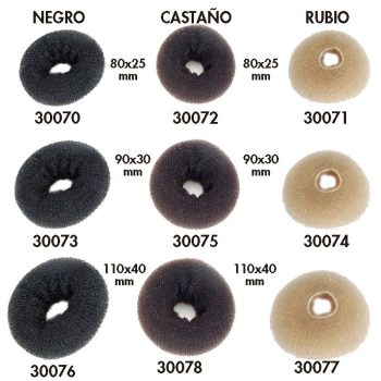 Donuts de espuma para moños en tres colores (negro, castaño y rubio) y en tres tamaños distintos, presentados como accesorios útiles para peluquería.