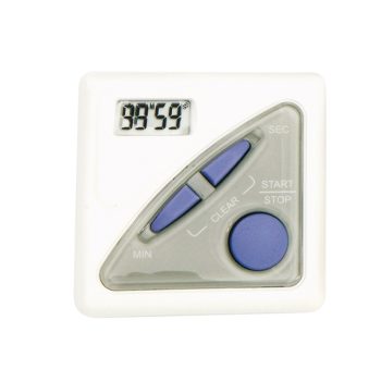 Temporizador digital blanco con panel triangular gris y botones morados, pantalla LCD que muestra 88:59, apto para peluquería y otros usos de temporización para lograr el mejor resultado.