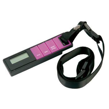 Temporizador digital portátil con pantalla LCD y tres botones rosas etiquetados min, sec y start/stop, sujeto a una cinta negra tipo lanyard, ideal para controlar tiempos en peluquería.