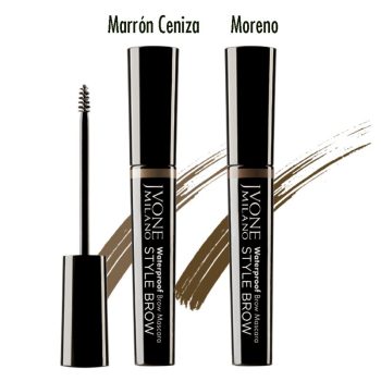 Dos tubos de máscara para cejas con aplicador de cepillo, etiquetas visibles de Style Brow y trazos de color que muestran los tonos Marrón Ceniza y Moreno en formato resistente al agua para un acabado natural y alta calidad.