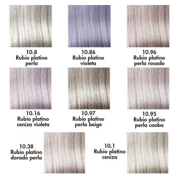 Paleta de nueve muestras de cabello rubio platino en formato de cuadrícula que muestra variaciones perla, violeta, rosado, ceniza, beige, caoba y dorado en texturas brillantes de alta calidad.