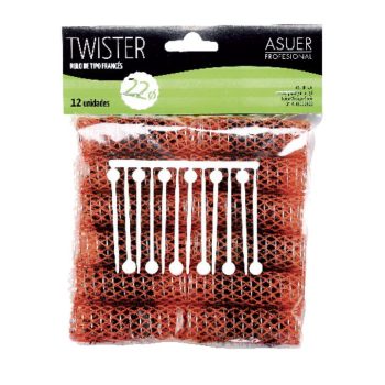 Paquete transparente que muestra varios rulos de malla color cobre-anaranjado y una etiqueta superior verde y negra donde se lee profesional, con nitidez que resalta la textura y el enmallado de los rulos.