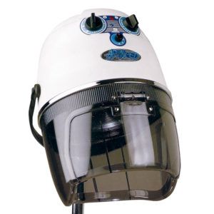 Casco secador de pelo profesional blanco con visera plástica ahumada, controles giratorios y perilla en la parte superior montado en soporte, diseño compacto de alta calidad.