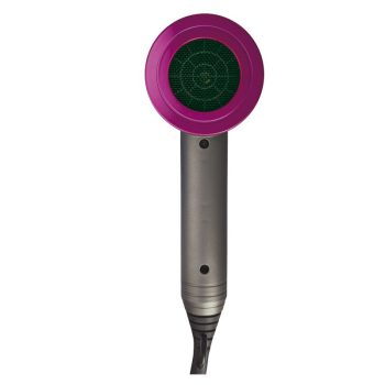 Secador de pelo de mano color magenta y gris con cabezal circular y rejilla verde, mango ergonómico y cable, diseño moderno de alta calidad y útil para uso diario.
