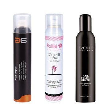 Tres botes de spray secante de uñas alineados sobre fondo blanco: a la izquierda un envase alargado negro con detalle naranja, en el centro un envase blanco con rosa y motivo floral, y a la derecha un frasco negro brillante de diseño minimalista, todos destinados a uso profesional.