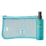 Bolsa transparente de malla turquesa con cierre y frasco pulverizador turquesa de tratamiento capilar etiquetado, presentado como accesorio profesional para un mejor cuidado y estilizado del cabello.