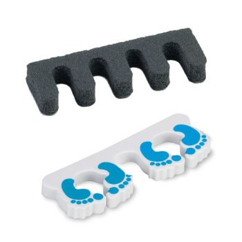 Separadores de dedos para pedicura: uno de espuma negra con cinco cavidades y otro blanco con huellas azules impresas, presentado como opción práctica al mejor precio.