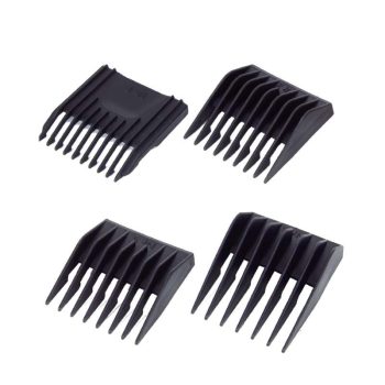 Cuatro peines guía negros de plástico para máquina de cortar cabello en distintos tamaños, accesorios encajables para recorte y estilismo sobre fondo blanco, diseñados para un acabado uniforme y 'alta calidad'.