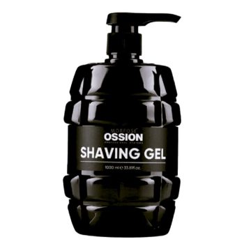 Envase negro con dosificador que contiene gel de afeitar en formato profesional, pensado para uso en peluquería.