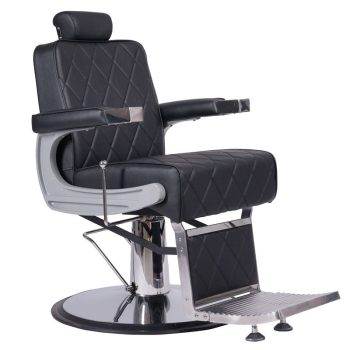 Silla de peluquería negra acolchada con patrón romboidal, reposabrazos tapizados, reposapiés y base cromada de estilo moderno y diseño competitivo.