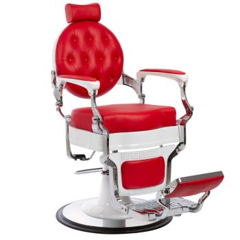 Silla de barbero profesional de estilo retro en rojo y blanco con respaldo redondo capitoné, reposacabezas acolchado, brazos y estructura cromada, asiento amplio, reposapiés ajustable y base giratoria con acabado reciente.