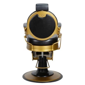 Silla de barbero profesional vista por detrás, en negro y dorado de estilo clásico con respaldo redondo acolchado, reposacabezas, reposabrazos y base hidráulica.