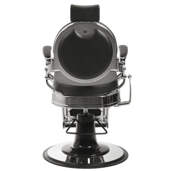 Silla de barbero profesional de cuero negro y estructura cromada con reposacabezas, reposabrazos acolchados, reposapiés y base giratoria.