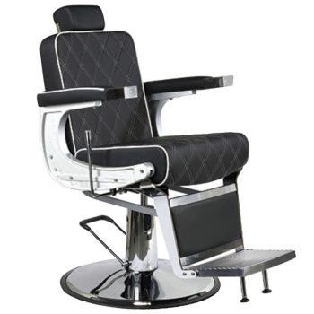 Sillón de barbero negro acolchado con costuras en rombos, estructura y base cromada, reposacabezas y reposapiés metálico abatible y apoyabrazos acolchados, ideal para salón de belleza.