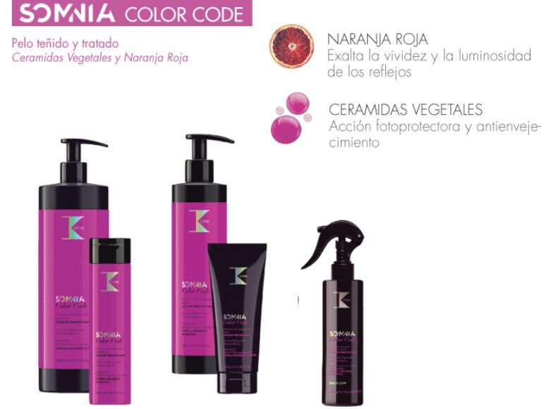 Línea de productos para pelo teñido y tratado con envases magenta y negro (botellas con dispensador, tubo y spray) acompañados de iconos de naranja roja y gotas que representan ceramidas vegetales, presentados para uso profesional.