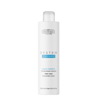 Botella blanca de 300 ml del producto System Energy, baño preventivo anticaída para cabello con diseño minimalista, adecuada para peluquería y presentada como edición limitada.