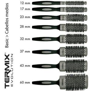 Conjunto de ocho cepillos redondos dispuestos en fila con mangos ergonómicos y barriles ventilados en diámetros escalonados (12–60 mm), pensado para peinados profesionales en peluquería moderno.