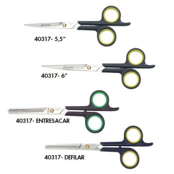 Cuatro tijeras de acero inoxidable con mangos negros y anillos interiores amarillos y verdes, mostrando modelos de corte recto y de entresacar/defilar visibles en sus hojas, diseñadas para uso en peluquería y prácticas en distintas peluquerías.