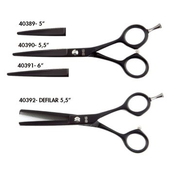 Tijeras profesionales negras para peluquería, que incluyen una tijera de corte recto y una de entresacar con acabado mate, tornillo de ajuste y reposapulgar ergonómico.