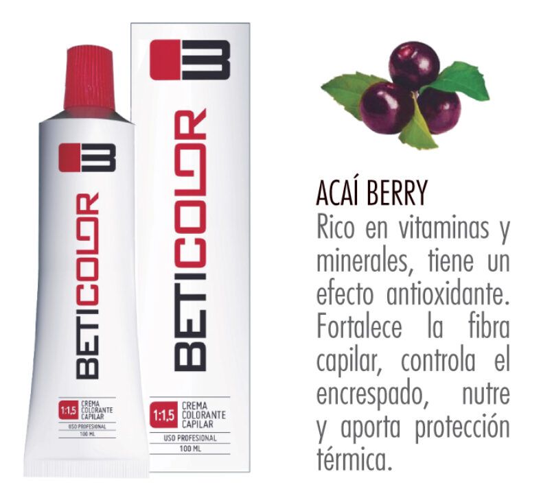 Tubo y caja de Beticolor crema colorante capilar junto a una ilustración de açaí berry y texto que destaca propiedades antioxidantes, fortalecimiento de la fibra, control del encrespado, nutrición y protección térmica, indicado para uso profesional.