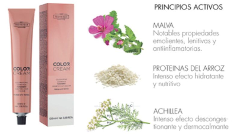 Envase en tubo y caja de color rosa de una crema cosmética junto a ilustraciones de sus principios activos —flor de malva, granos de arroz y ramita de achillea— con breves descripciones de sus propiedades, presentado para uso profesional.