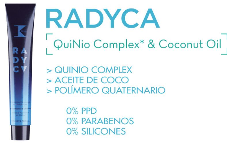 Tubo degradado azul del producto RADYCA para peluquería, junto a texto que destaca QuiNio Complex y aceite de coco, lista de componentes (Quinio Complex, aceite de coco, polímero quaternario) y las declaraciones 0% PPD, 0% parabenos, 0% siliconas.