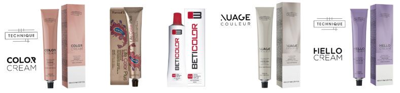 Varios tubos y cajas de tintes para cabello de distintas marcas en tonos pastel y neutros, alineados sobre fondo blanco con empaques elegantes y etiquetas visibles, producto de alta calidad.