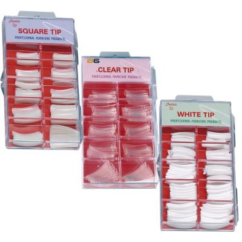 Organizadores transparentes con tres sets de puntas para manicura (blancas y transparentes) en compartimentos por tallas que muestran diferentes formas y tamaños como producto de alta calidad para comprar en salones o uso doméstico.