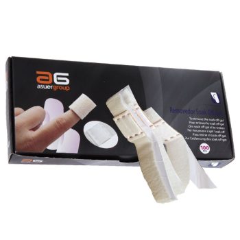 Kit de envolturas para remover esmalte en gel mostrando un dedo con almohadilla y tiras de papel junto a la caja del producto, pensado para uso en salón de belleza.