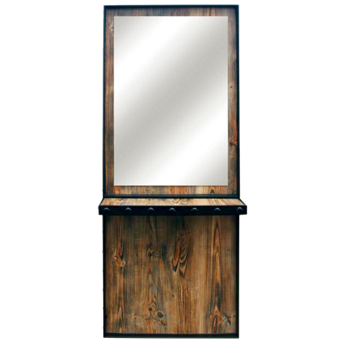 Tocador de barbería: medidas, tipos y precios 2 Espejo rectangular grande con marco y panel inferior de madera rústica, equipado con un estrecho estante y varios ganchos que constituyen una estación de trabajo típica en salones de belleza.
