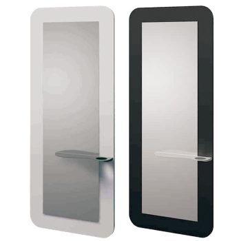 Dos espejos verticales rectangulares de marco redondeado, uno blanco y otro negro, con superficie reflectante y pequeña repisa metálica lateral, de diseño moderno y aspecto profesional.