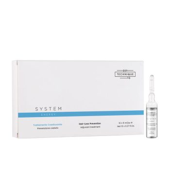 Caja blanca minimalista de tratamiento capilar para prevención de la caída con franja azul y una ampolla de vidrio transparente a la derecha, presentada con aspecto profesional.