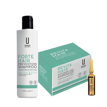 Botella blanca de champú anticaída junto a una caja verde-menta de ampollas y una ampolla ámbar, presentados como tratamiento profesional para la prevención de la caída y la belleza del cabello.