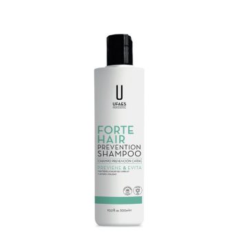 Botella de champú blanca de 300 ml con tapón negro y diseño minimalista en verde y negro que muestra la marca y el texto "Forte Hair Prevention Shampoo / Champú prevención caída", indicada para uso profesional en peluquería.