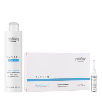 Con diseño minimalista blanco y detalles en azul, conjunto de tratamiento anticaída compuesto por una botella alta, una caja rectangular y una ampolla de vidrio transparente, presentado como producto de alta calidad e ideal para distribuidor.