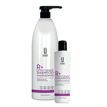 Dos botellas blancas de champú nutritivo UFAES R+ Structurant en tamaños grande con dosificador y pequeño, con etiquetas en morado y negro indicadas para uso en 'peluquería' y tratamiento capilar.