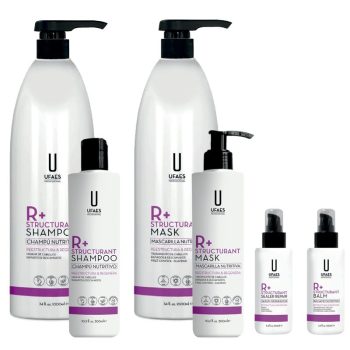 Conjunto de envases blancos con detalles morados y dispensadores que incluyen champú, mascarilla y tratamientos capilares R+ de uso profesional para peluquería y cuidado del cabello.