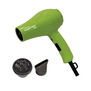 Secador de pelo verde con mango ergonómico, cable y dos accesorios (difusor y boquilla concentradora) ideal para uso doméstico y en peluquería.