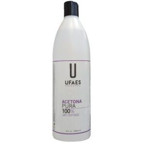 Botella alta blanca de acetona pura con etiqueta minimalista en tonos blancos y morados, tapa negra y la marca visible con la palabra 'profesional'.