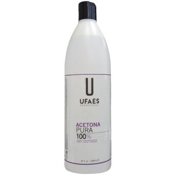 Botella alta blanca de acetona pura con etiqueta minimalista en tonos blancos y morados, tapa negra y la marca visible con la palabra 'profesional'.