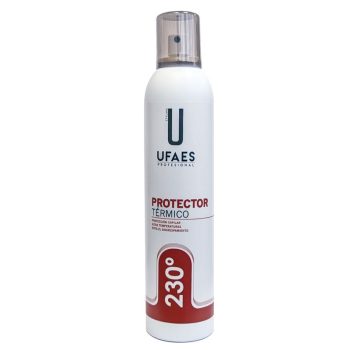 Envase aerosol cilíndrico blanco con tapa translúcida etiquetado como protector térmico para cabello que ofrece protección contra altas temperaturas y control del encrespamiento, pensado para uso profesional.