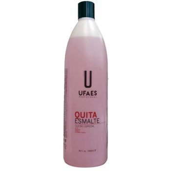 Botella alta y cilíndrica de plástico rosa con tapón negro etiquetada como quita esmalte UFAES profesional de 1000 ml, presentada como producto de alta calidad para retirar esmalte.
